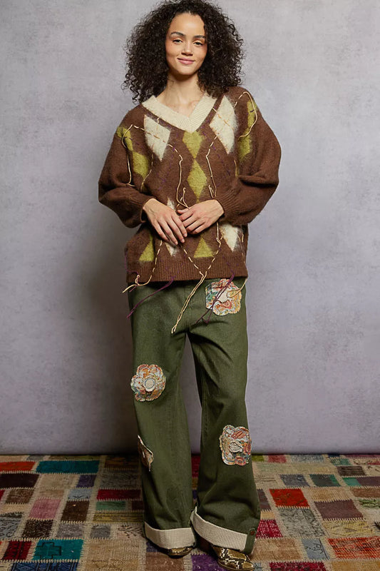 POL V-Neck Argyle Pattern Mohair Sweater with Contrast Exposed Stitch Detail - Xtreme Shopper