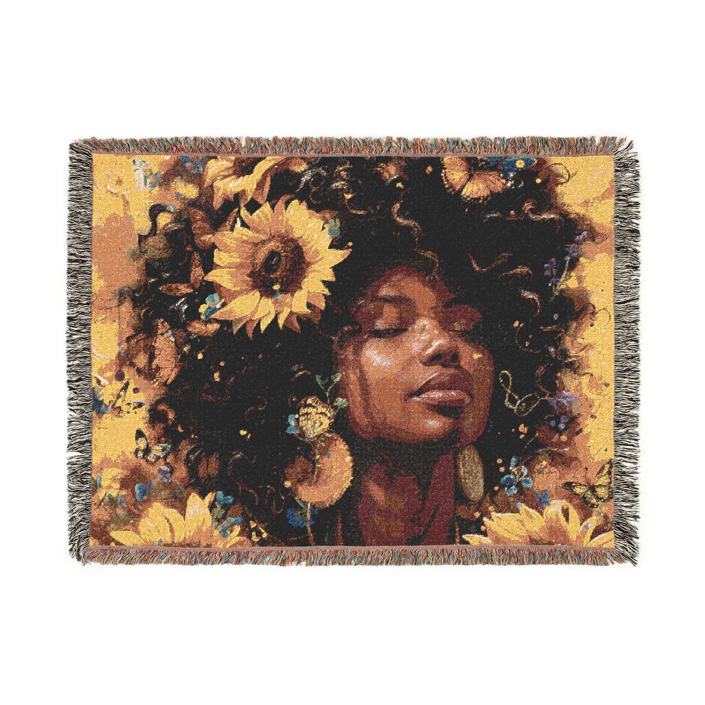 Daisies Everywhere Afrocentric Black Woman Abstract Art Woven Throw Blanket