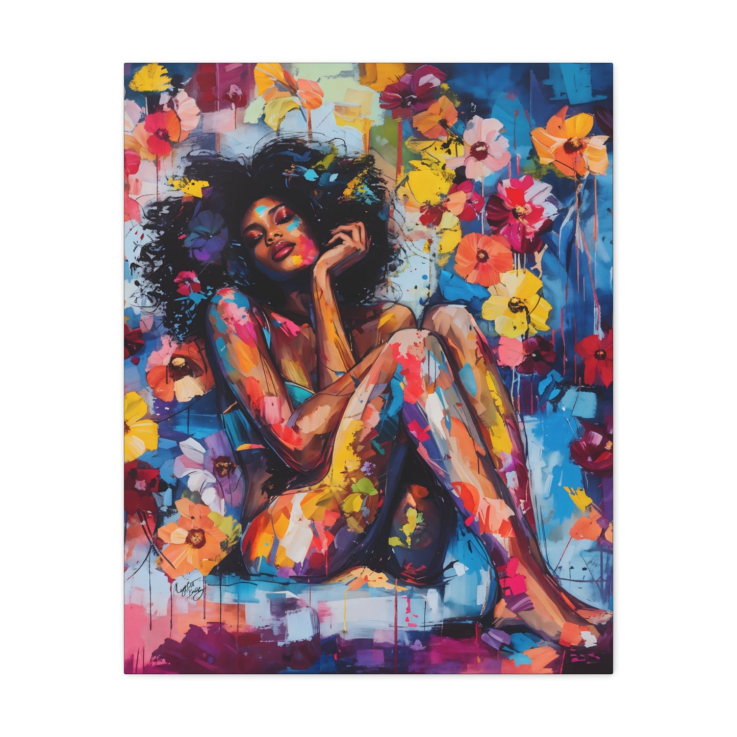 Flowers Blooming Everywhere Afrocentric Black Abstract Art Canvas Wall Print
