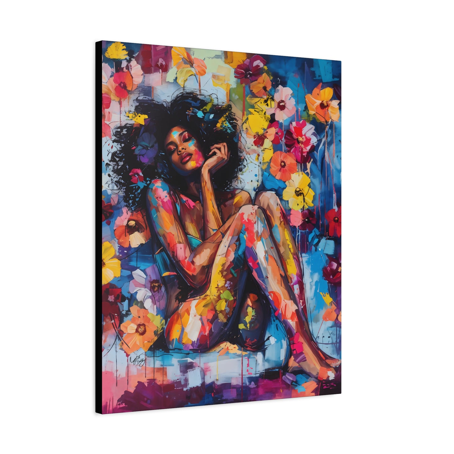 Flowers Blooming Everywhere Afrocentric Black Abstract Art Canvas Wall Print