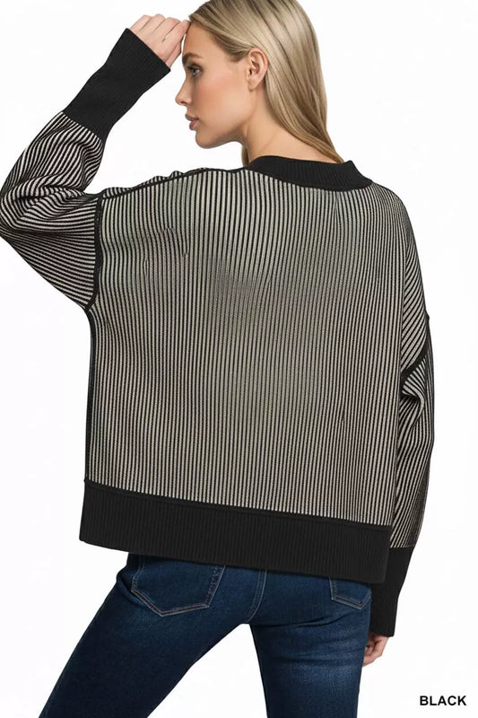 Zenana Ribbed Exposed Seam Two Tone Sweater - Xtreme Shopper