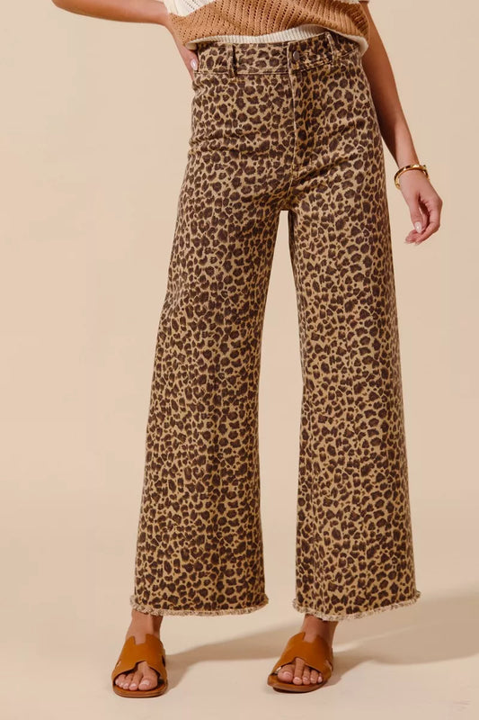 SO ME Mid Rise Leopard Twill Frayed Hem Wide Leg Pants - Xtreme Shopper