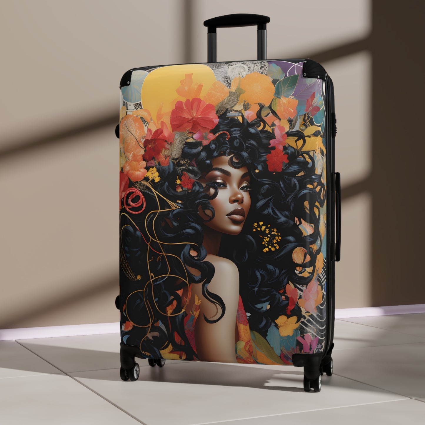 Universe Of Flowers Black Art Hardshell Hardside Lockable Spinner Suitcase Luggage