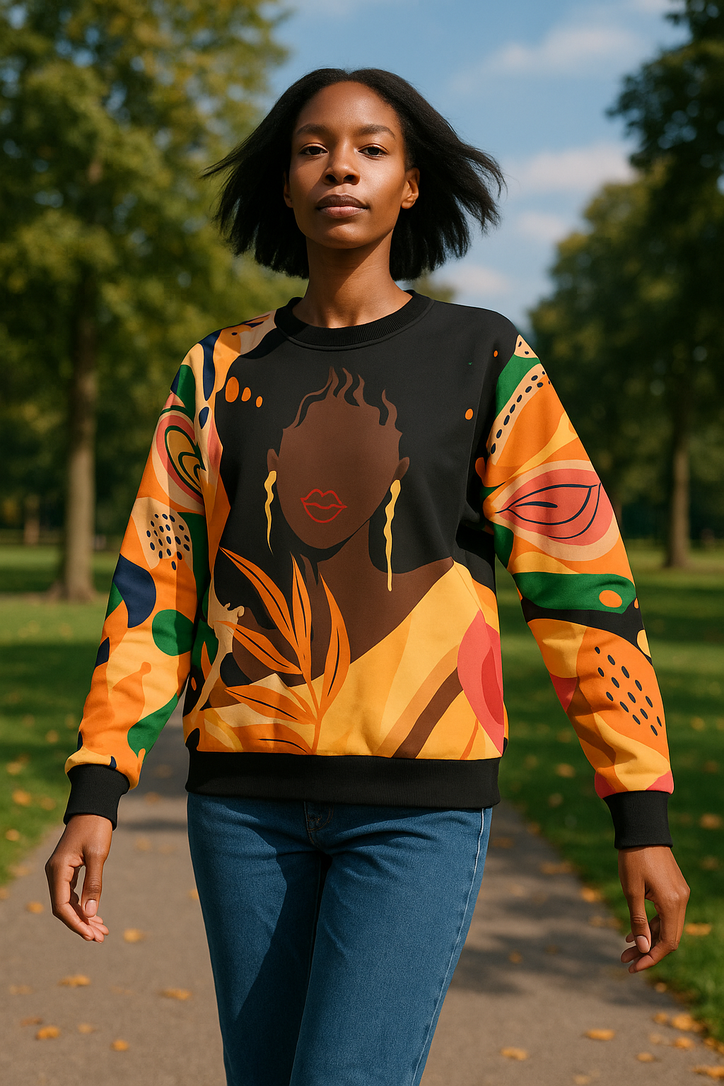 Tropical Swirl Girl Abstract Art Graphic Crewneck Sweatshirt