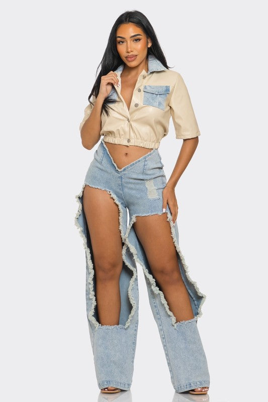 Reinvented Classic Cropped Top and Ripped Jeans Two-Piece Denim Set - Xtreme Shopper