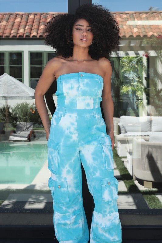 Trendy Festival Clubwear Blue Tie Dye Strapless Utility Jumpsuit - Xtreme Shopper