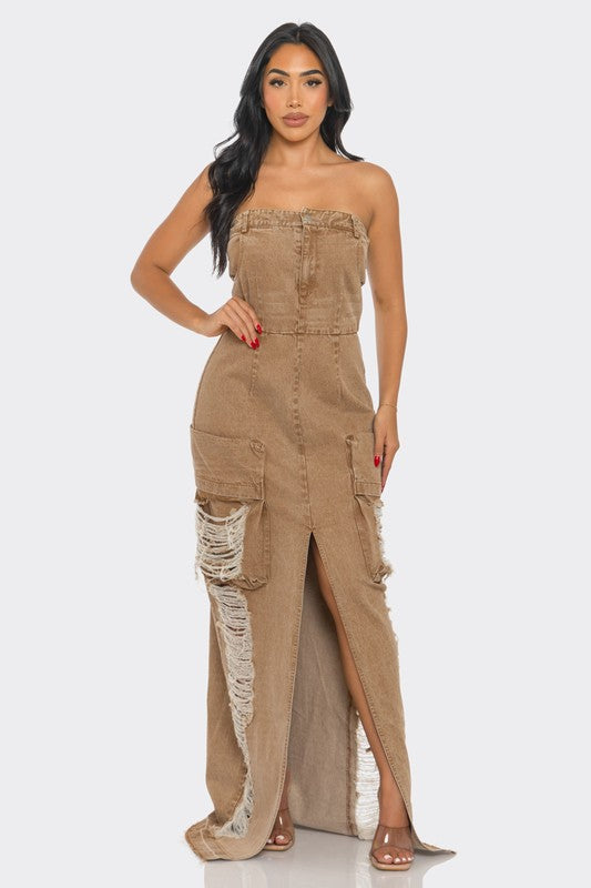 Vintage Washed Distressed Denim Cargo Maxi Dress - Xtreme Shopper