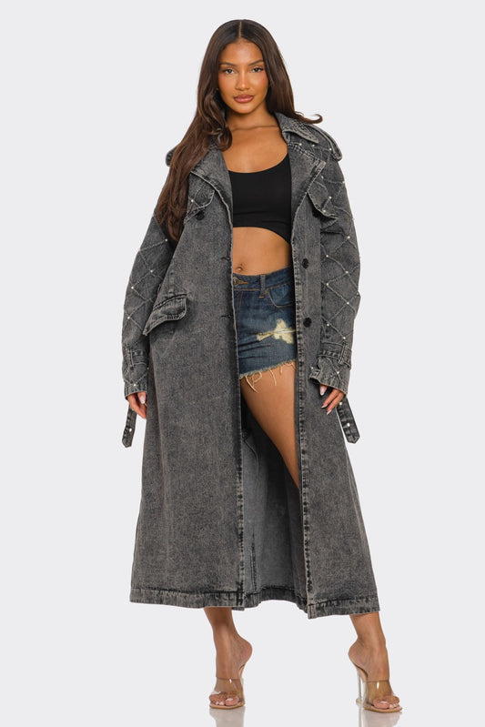 Trendy Distressed Denim Trench Coat