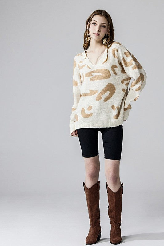 Plus Fuzzy Mohair Jacquard V-Neck Leopard Sweater - Xtreme Shopper