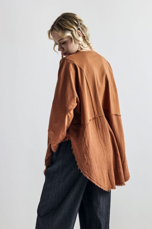 Boho Comfy Oversized Round Side Slit Contrast Tunic Top - Xtreme Shopper