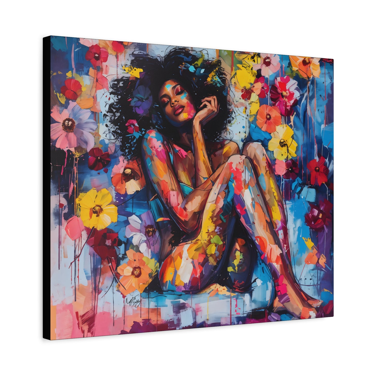Flowers Blooming Everywhere Afrocentric Black Abstract Art Canvas Wall Print
