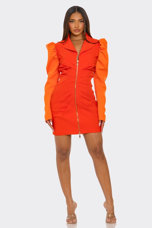 Trendy Clubwear Two-Tone Orange Zip-Up Mini Dress - Xtreme Shopper