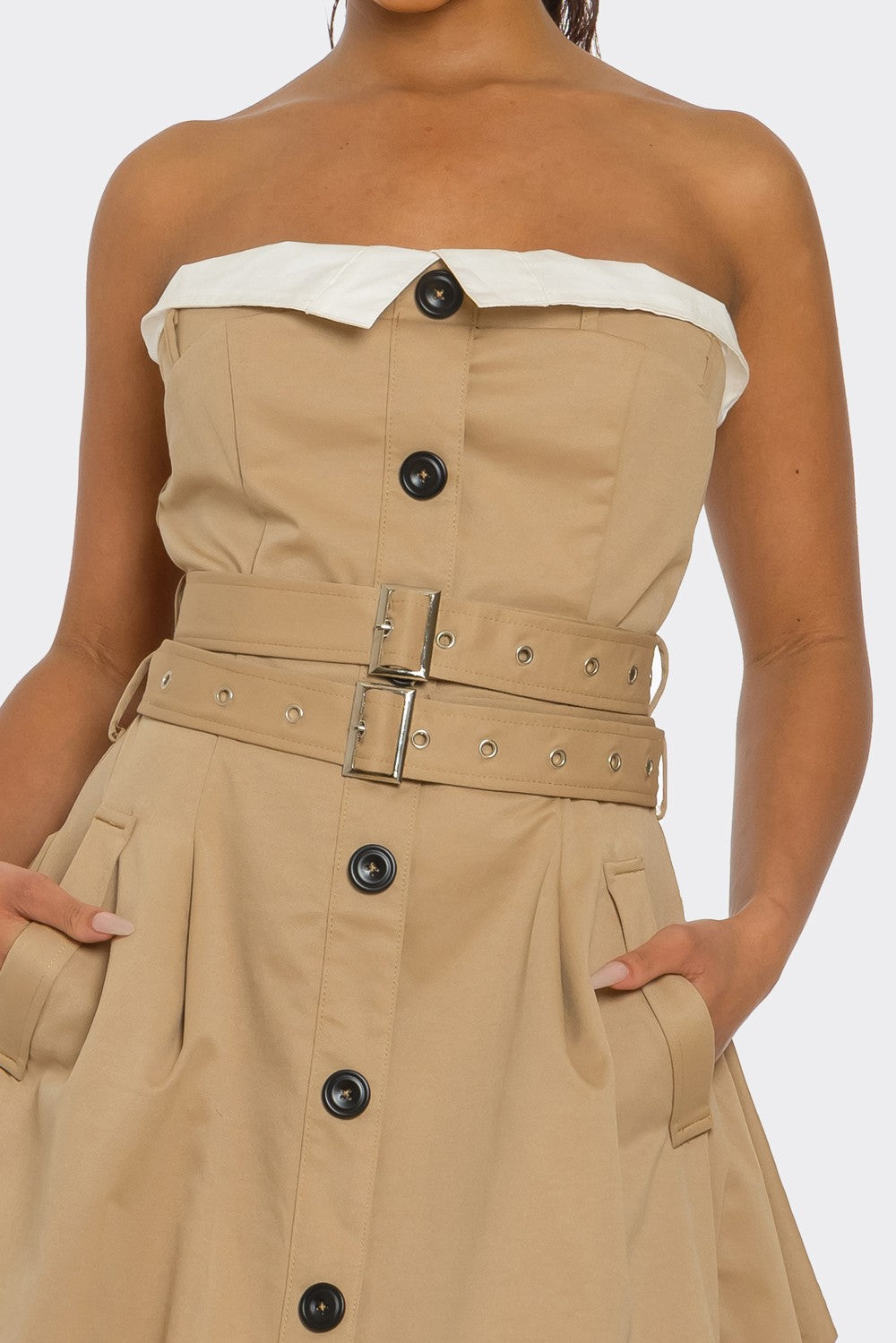 Trendy Strapless Belted Trench Maxi Dress