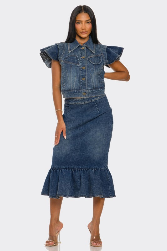 Trendy Ruffled Hem Denim Skirt Set - Xtreme Shopper