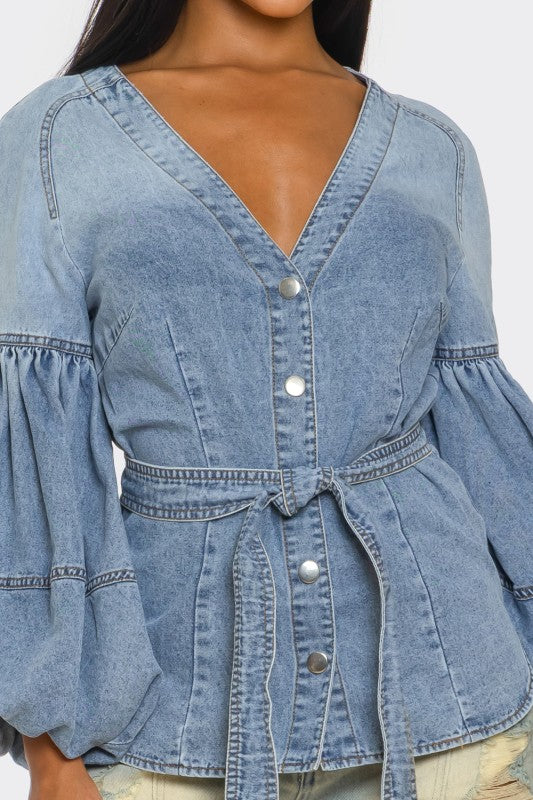 The Muse Puff Sleeve Button-Up Denim Top - Xtreme Shopper