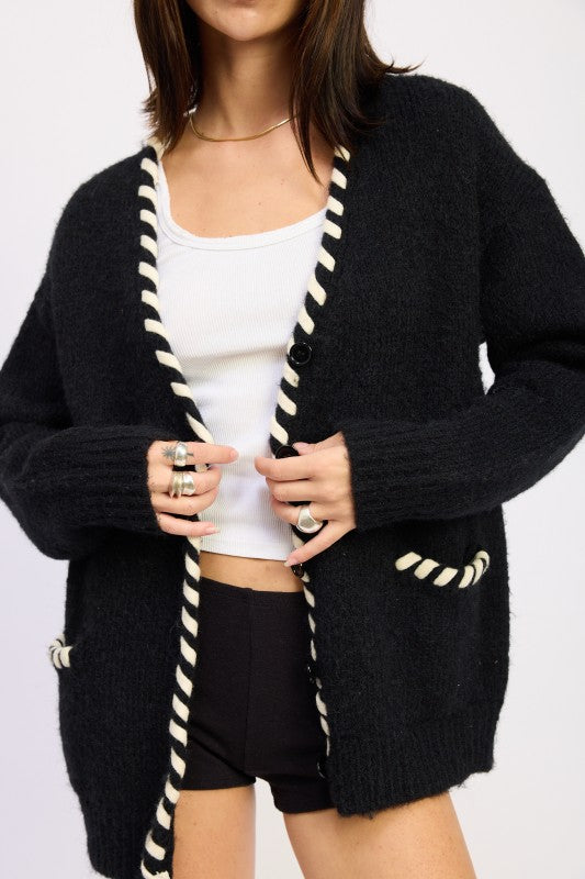 Vegan Leather Trimmed Cardigan Sweater - Xtreme Shopper