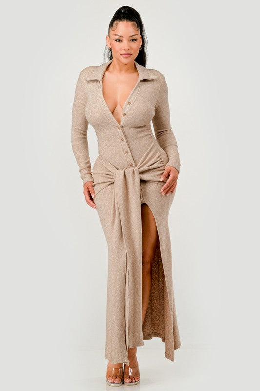 Sexy Bodycon Knit Collar Tie Front Maxi Dress - Xtreme Shopper