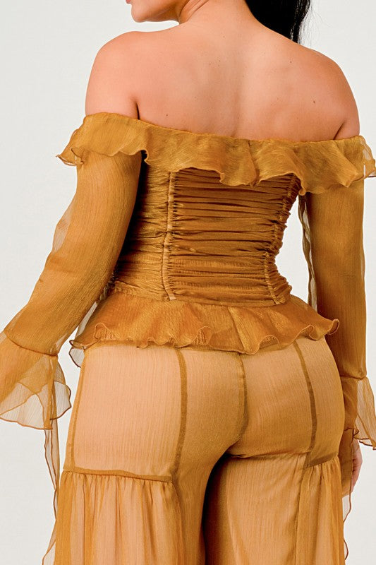 Trendy Clubwear Sheer Off-Shoulder Ruffle and Wide Leg Pants Set - Xtreme Shopper