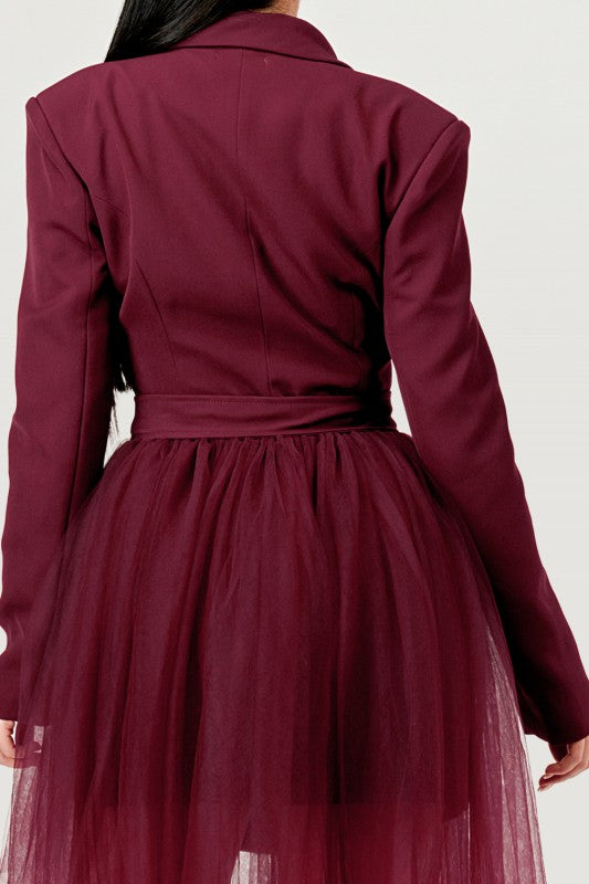 Plus Size Tulle Overlay Belted Blazer Dress - Xtreme Shopper