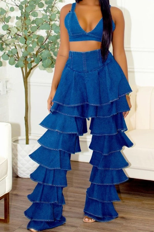 Trendy Clubwear Denim Ruffled Wide Leg Pant Two-Piece Set - Xtreme Shopper