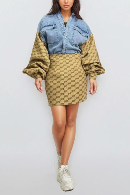 Trendy Denim & Monogram Puff Sleeve Top and Mini Skirt Two-Piece Set - Xtreme Shopper