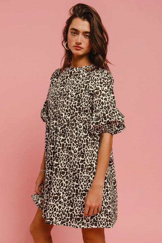 BiBi Leopard Denim Dress With Back Contrast Tie Detail - Xtreme Shopper