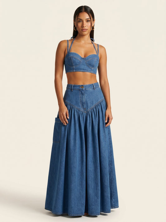 Boho Two-Piece Wide-Leg Pant Denim Set