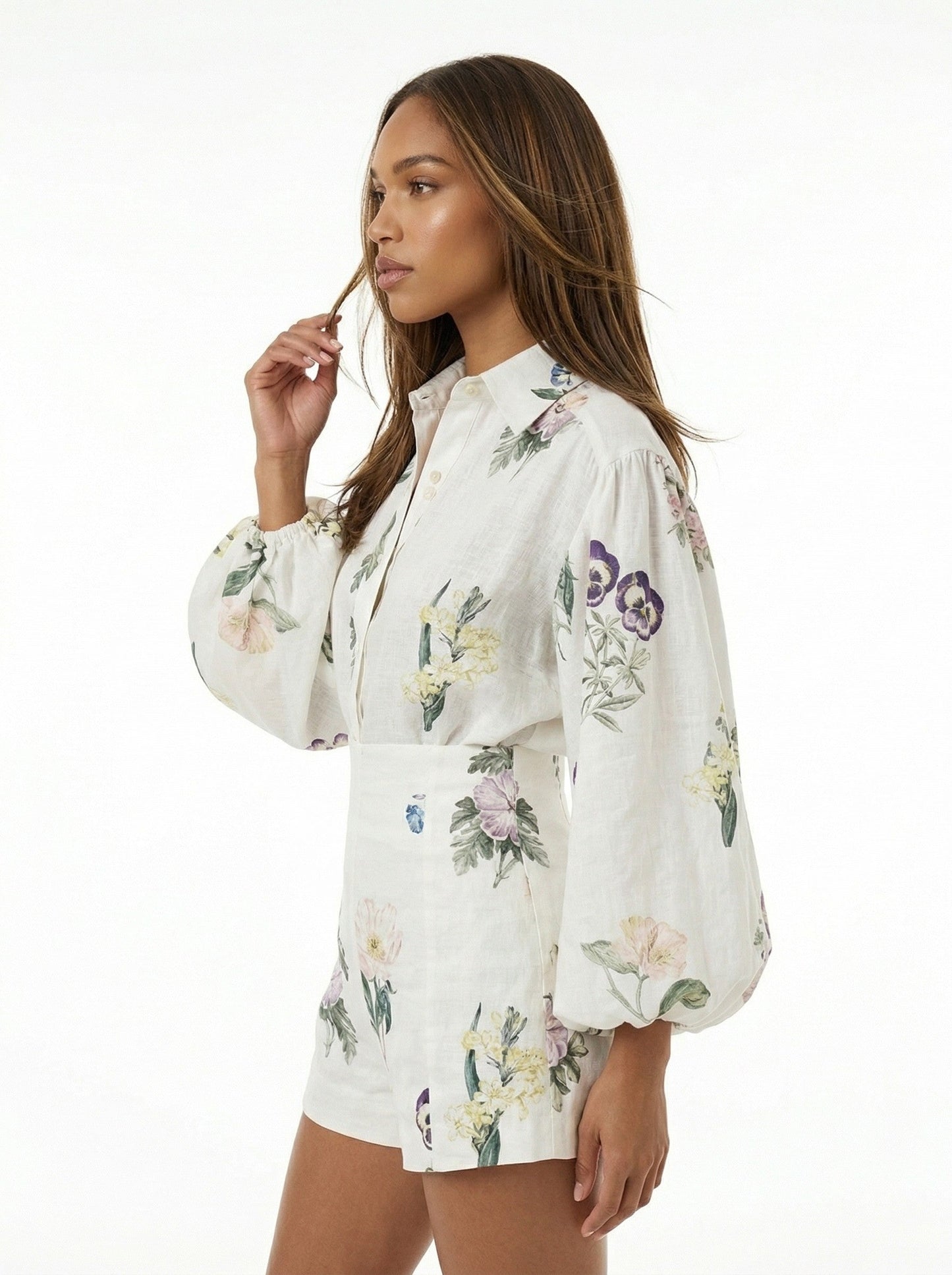Painterly Botanical Linen Blouson Top and Shorts Set