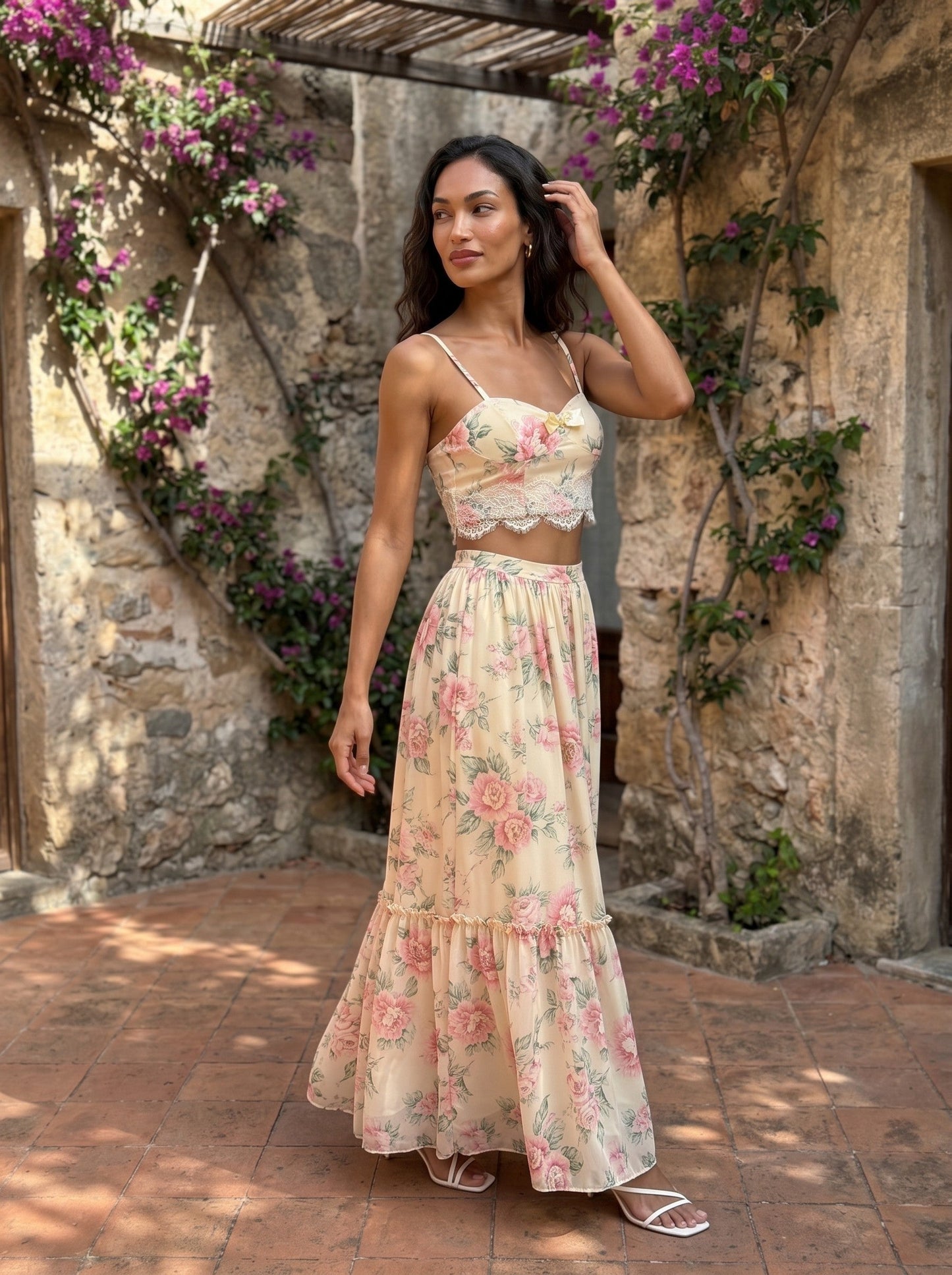 Whisper of Pastel Roses Floral Cropped Top and Maxi Skirt Set