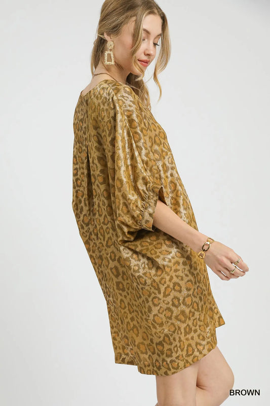 Umgee Metallic Leopard Print V-Neck Kimono Dress - Xtreme Shopper