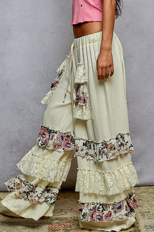 POL Boho Drawstring Double Gauze Wide Leg Pants with Print and Lace Ruffle - Xtreme Shopper