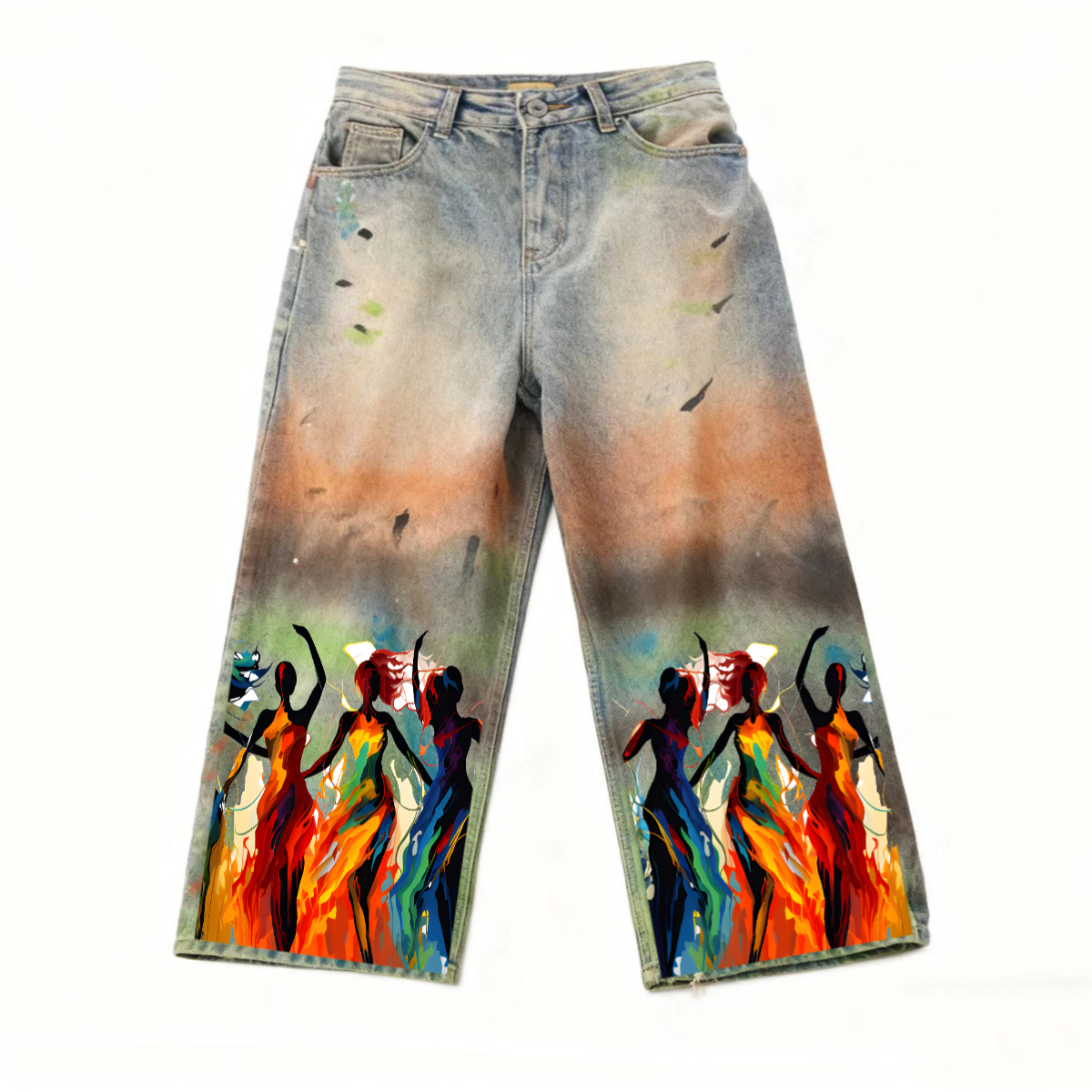The Fluidity Afrocentric Print Unisex Vintage Washed Distressed Paint-Splatter Denim Jeans - Xtreme Shopper