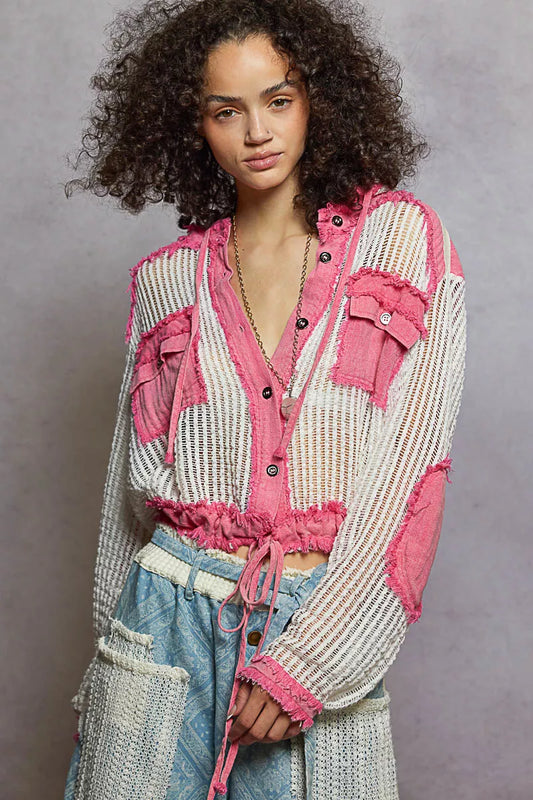 POL Texture Woven Button Down Hooded Shirt with Drawstring Hem - Xtreme Shopper