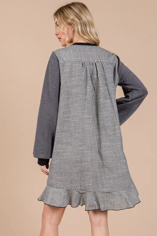 Ces Femme Striped Patchwork Round Neck Terry Sweatshirt Dress - Xtreme Shopper