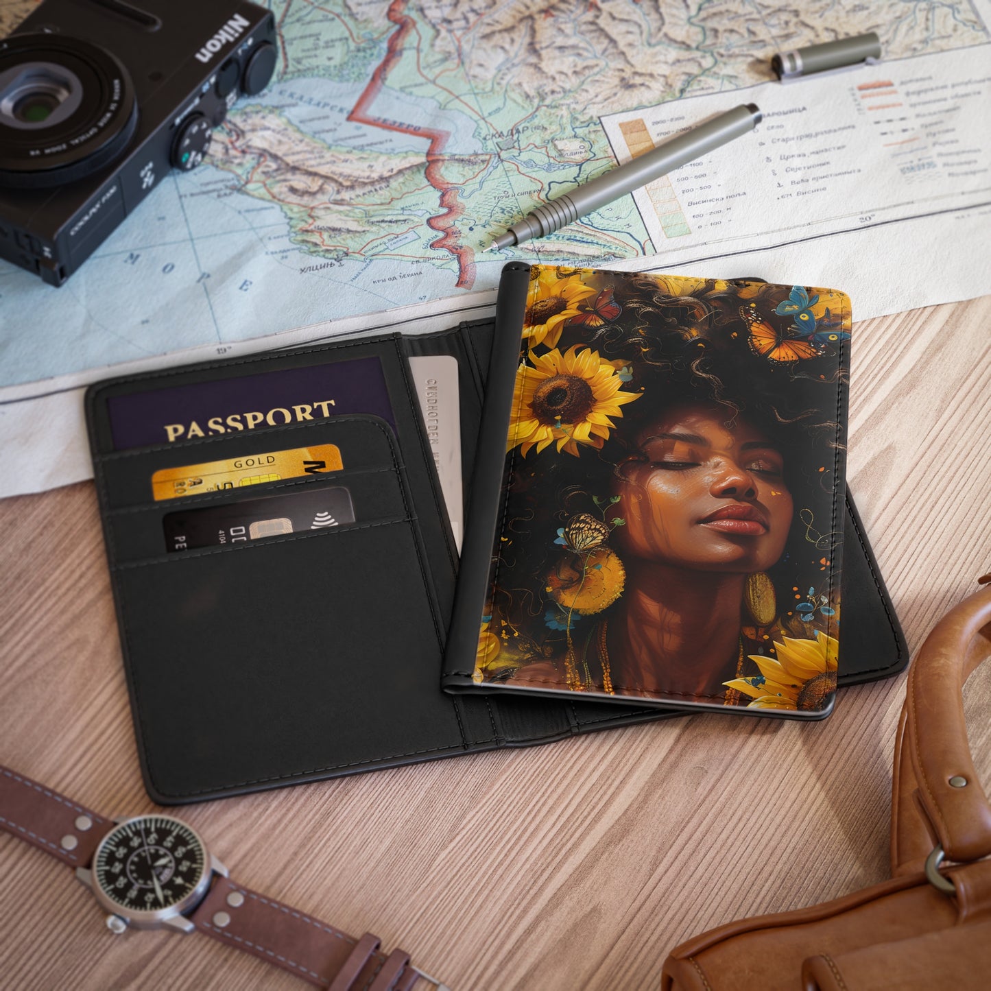 Butterflies And Flowers Vegan Leather Black Art RFID Blocking Passport Cover