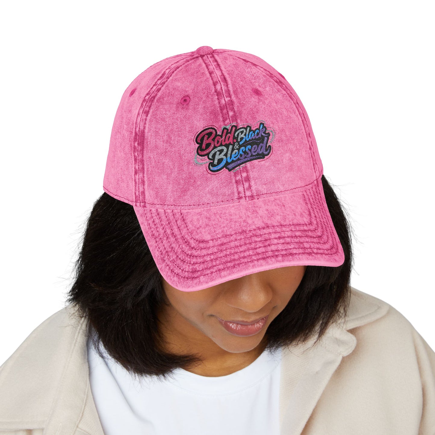 Bold Black and Blessed Spiritual Statement Vintage Distressed Embroidered Hat