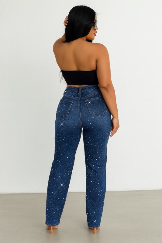 Trendy Clubwear Jade Rhinestone Wide Leg Jeans - Xtreme Shopper