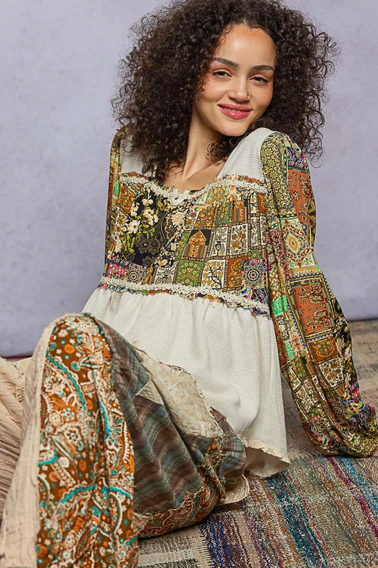 POL Boho Balloon Sleeve Peplum Blouse with Trim Detail - Xtreme Shopper