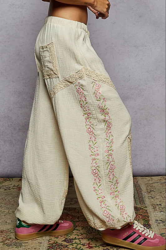 POL Floral Embroidered Drawstring Joggers with Lace Trim - Xtreme Shopper