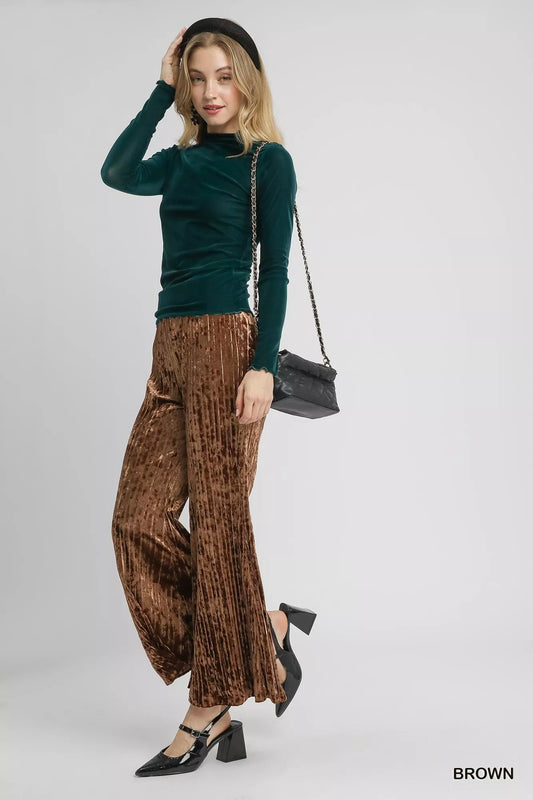 Umgee Velvet Pleated Wide Leg Pants - Xtreme Shopper