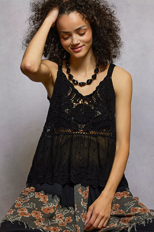 POL V-Neck Crochet Tank with Floral Embroidery Detail - Xtreme Shopper