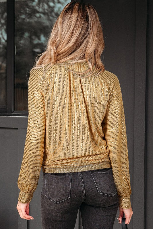 Solid Metallic Sequin Balloon Sleeve Blouse - Xtreme Shopper