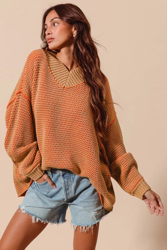 SO ME Oversized Two Tone Textured V Neck Sweater - Xtreme Shopper