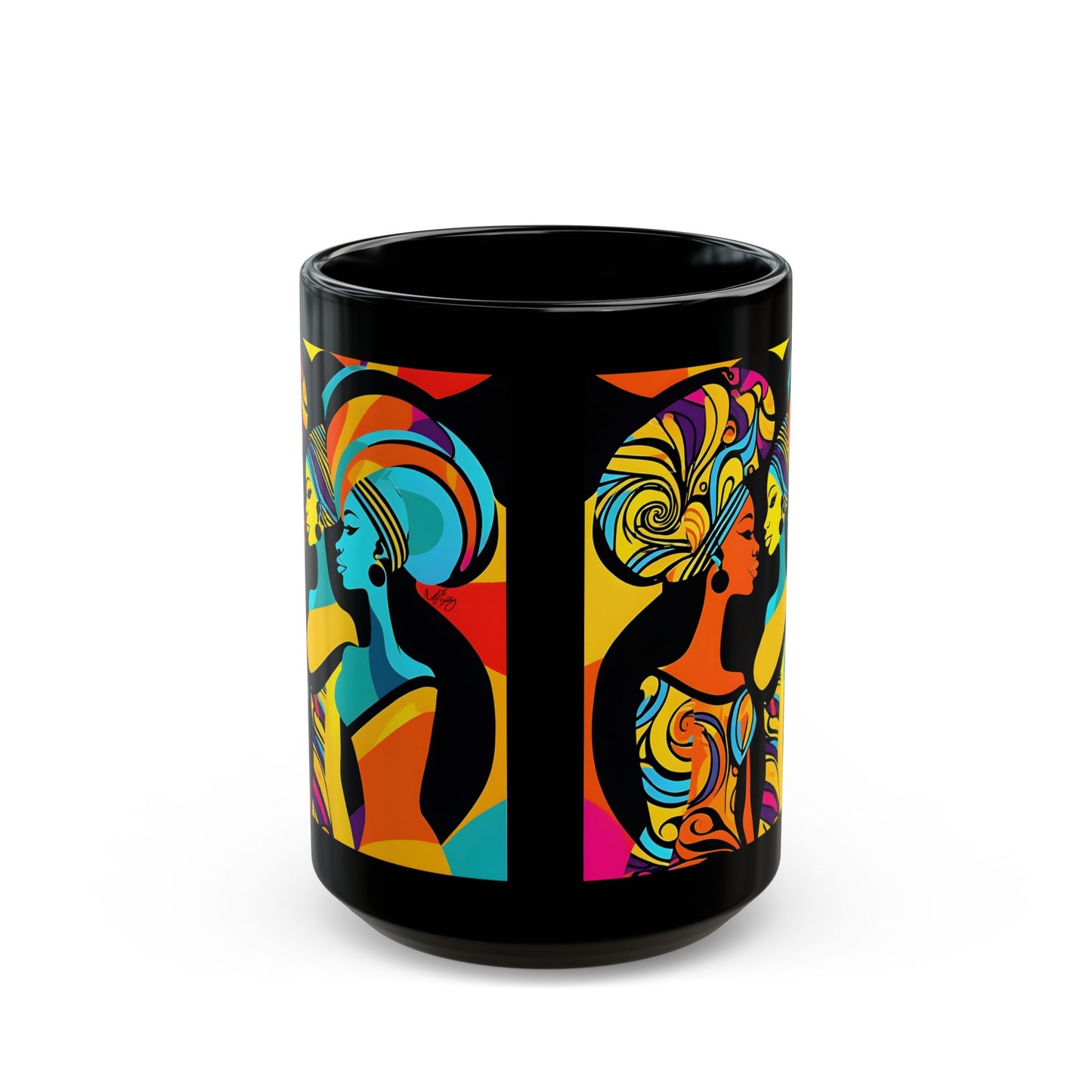 Girlfriends In Swirling Abstract Afrocentric Black Woman Abstract Art Black Coffee Mug
