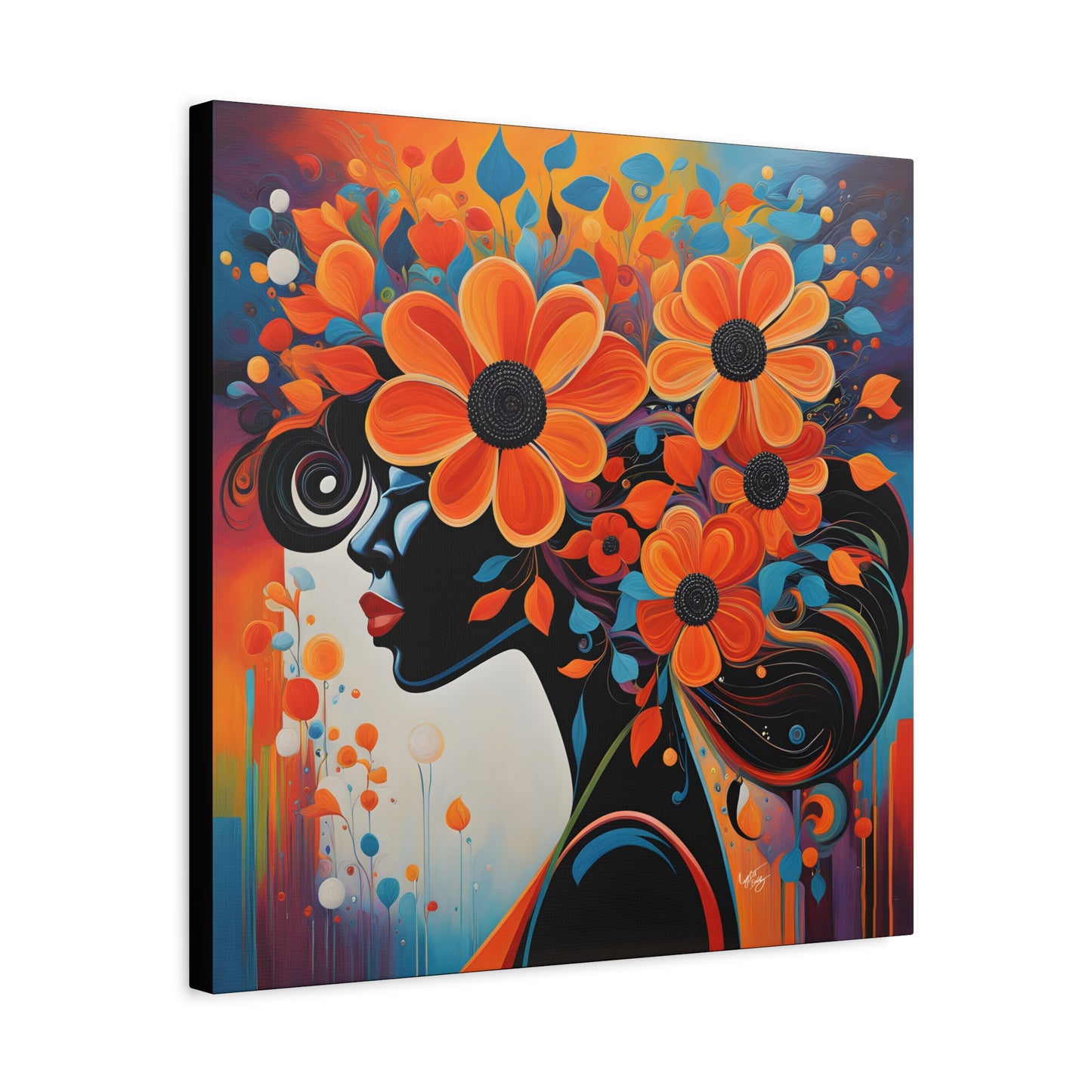 Flowery Thoughts Black Woman Art Canvas Wall Print