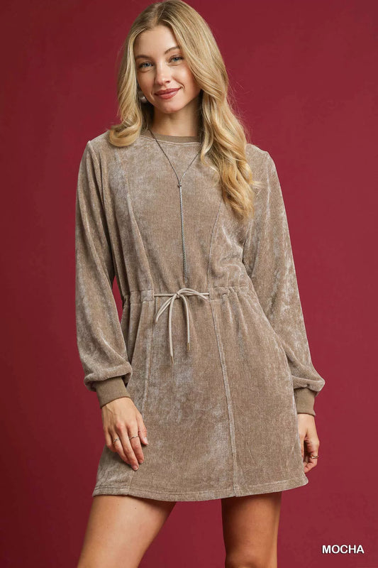 Umgee Velour Drawstring Mini Dress with Long Sleeves - Xtreme Shopper