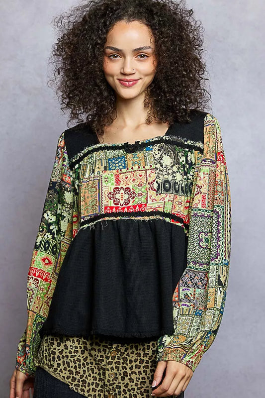 POL Boho Balloon Sleeve Peplum Blouse with Trim Detail - Xtreme Shopper
