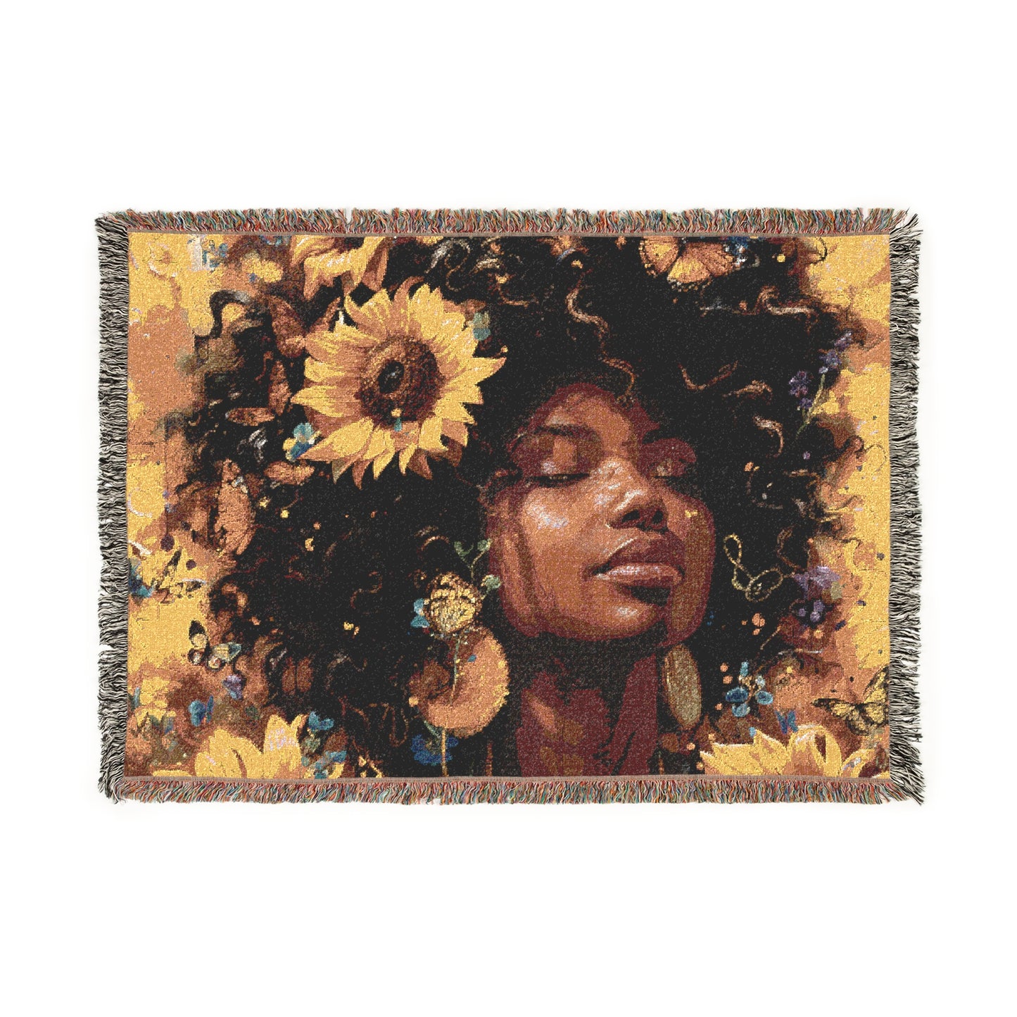 Daisies Everywhere Afrocentric Black Woman Abstract Art Woven Throw Blanket