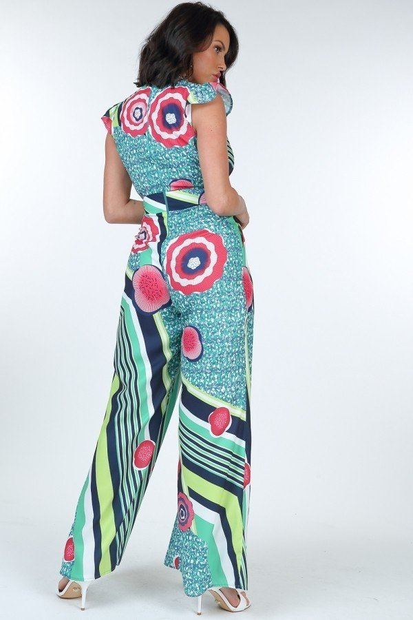 Ruffle Sleeve Surplice Bold Print Jumpsuit - Xtreme Shopper