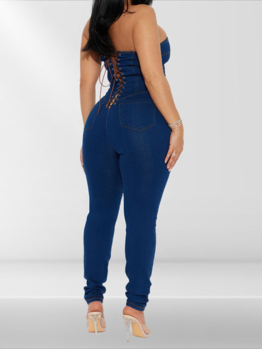 Bodycon Strapless Denim Jumpsuit With Lace Up Back - Xtreme Shopper